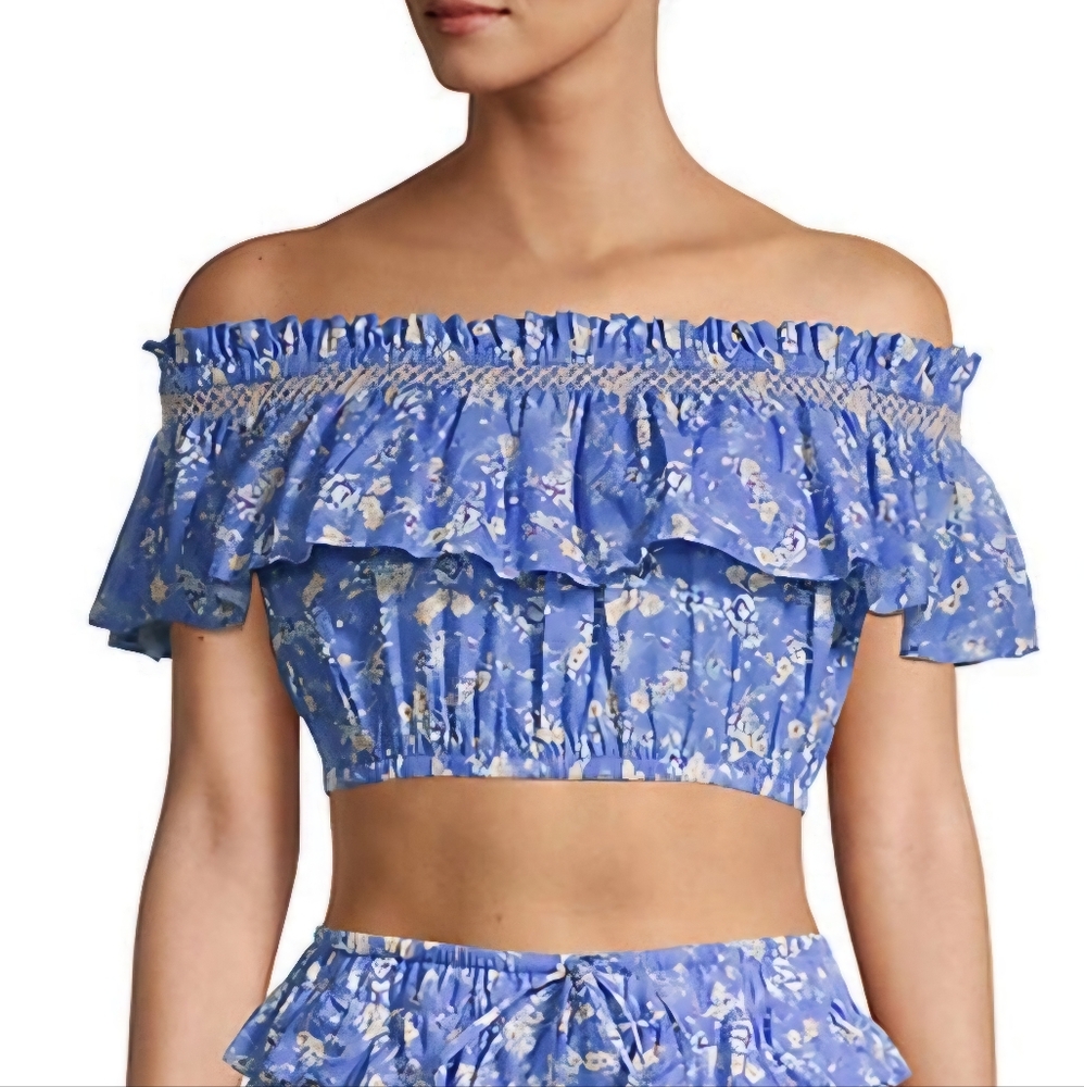 LoveShackFancy Magnolia Floral Print Off Shoulder Blue Crop TOP ONLY Size Medium